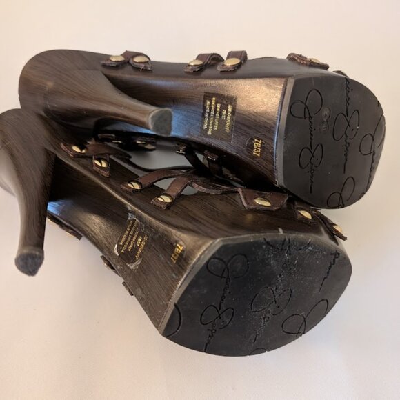 Jessica Simpson Brown Leather & Wooden Cutout Heels Sz 7 - Picture 5 of 6